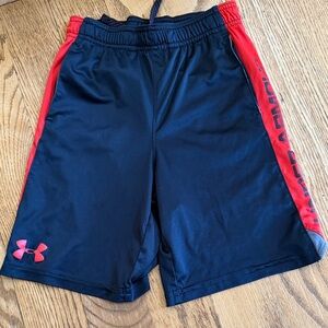 Boys Under Armour Black Athletic Shorts with Red Side Panels